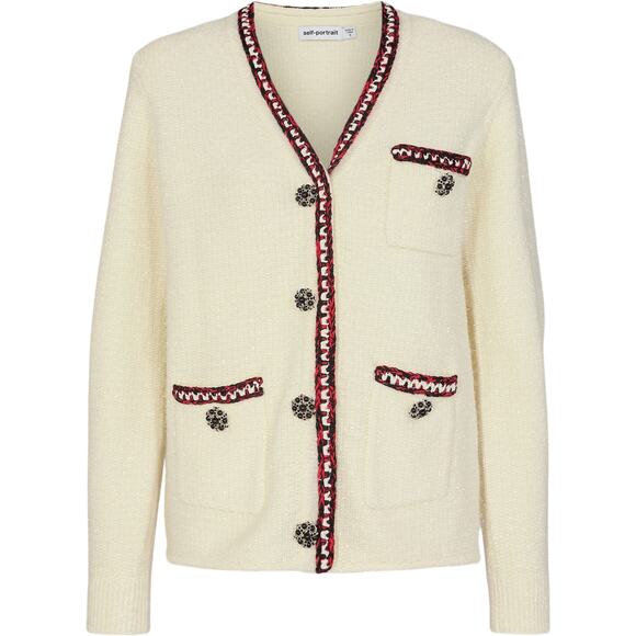 Self-Portrait Embellished Ivory Metallic Braided Knit Cardigan Sweater Sz Medium - Picture 14 of 14